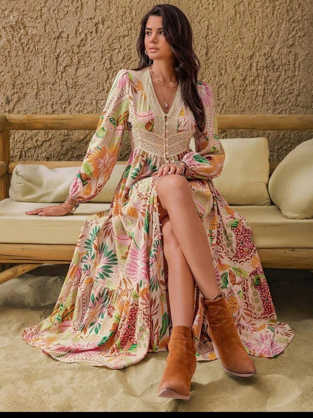 Boho Floral Maxi Dress in Pastel Pink & Green